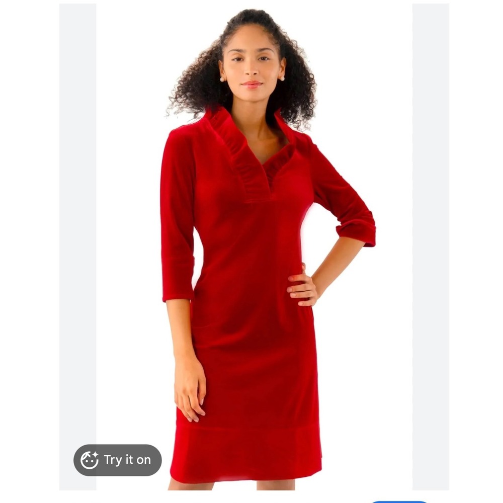 $209 Gretchen Scott red Silky Velvet Ruffneck Dress 3/4 Sleeve Ruffle XS S
